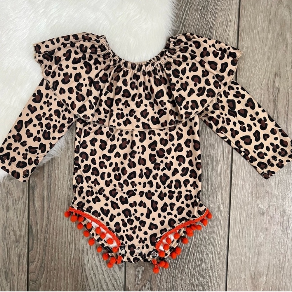 New Boutique Girls Leopard with Pom Pom’s Onesie with snaps
